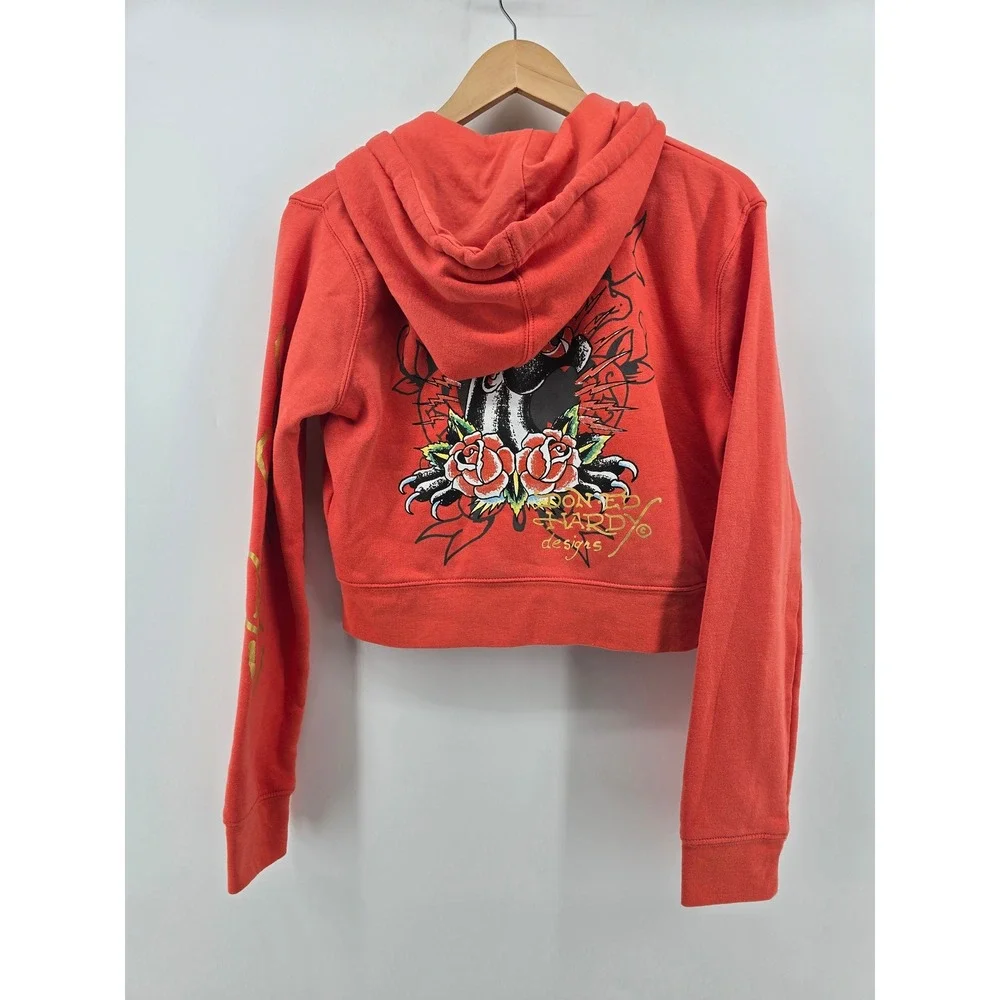Ed Hardy Hoodie Womens XL Red Cropped Zip Up Tattoo Graphic Panther Dagger Y2K